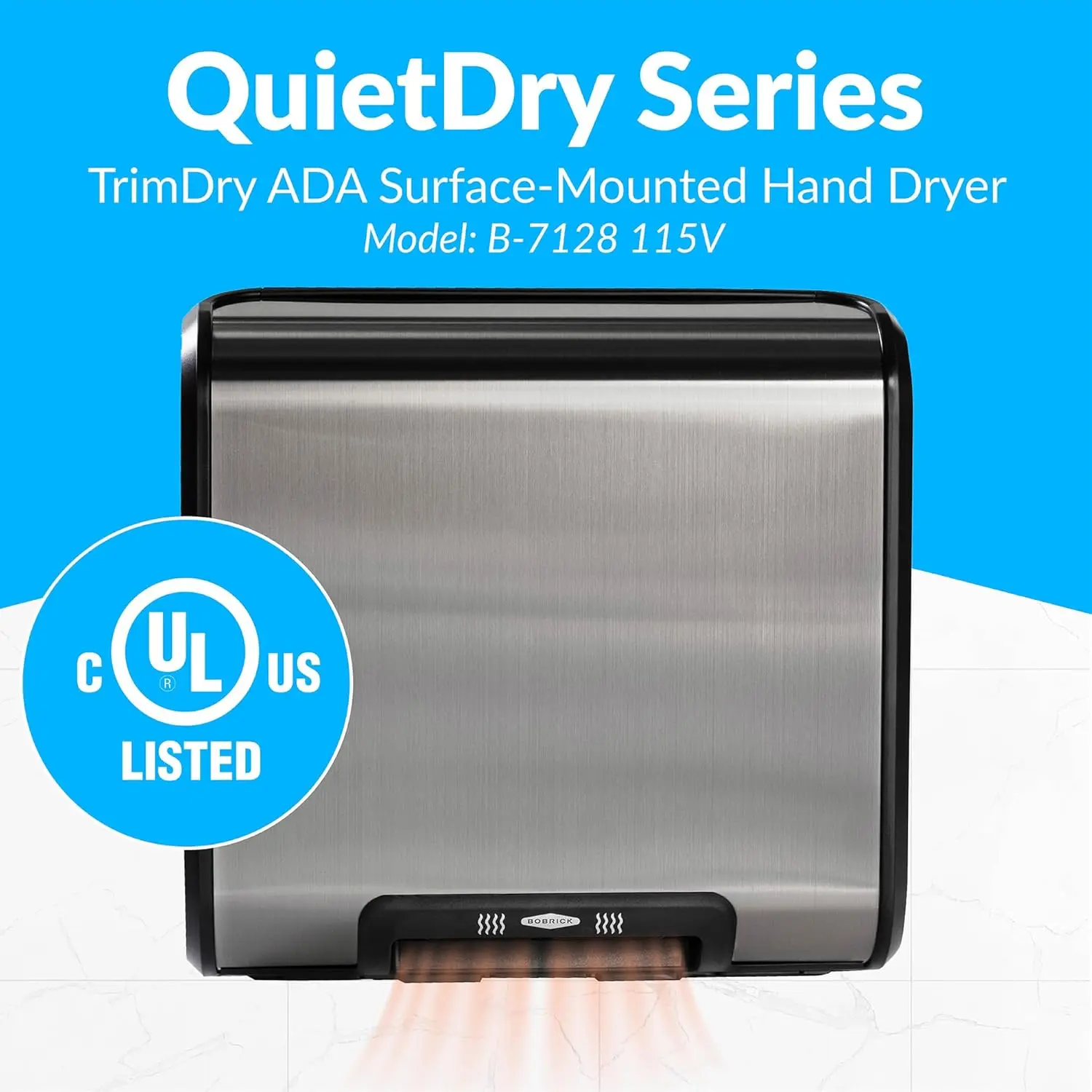 B-7128 115V QuietDry, TrimDry ADA Surface-Mounted Automatic Heated Hand Dryer, 115 V