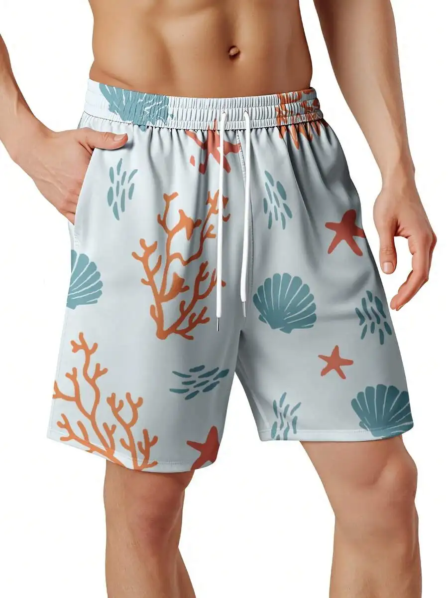 

Mens Quick Dry Beach Shorts With Coral Starfish And Shell Print