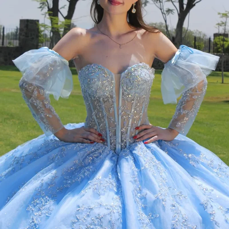 Glitter Light Blue เจ้าหญิง Quinceanera ชุดสวย Applique ประดับด้วยลูกปัดภาพลวงตา LACE-Up vestido de princesas Ball Gown ที่กําหนดเอง