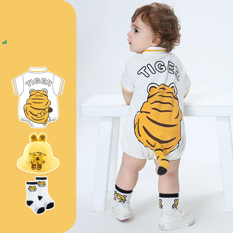 Kawaii Tiger Baby Clothes Girls Boys Bodysuit Summer Newborn Romper Cute Tail Kids Baby Toddler Infant Polo Jumpsuits