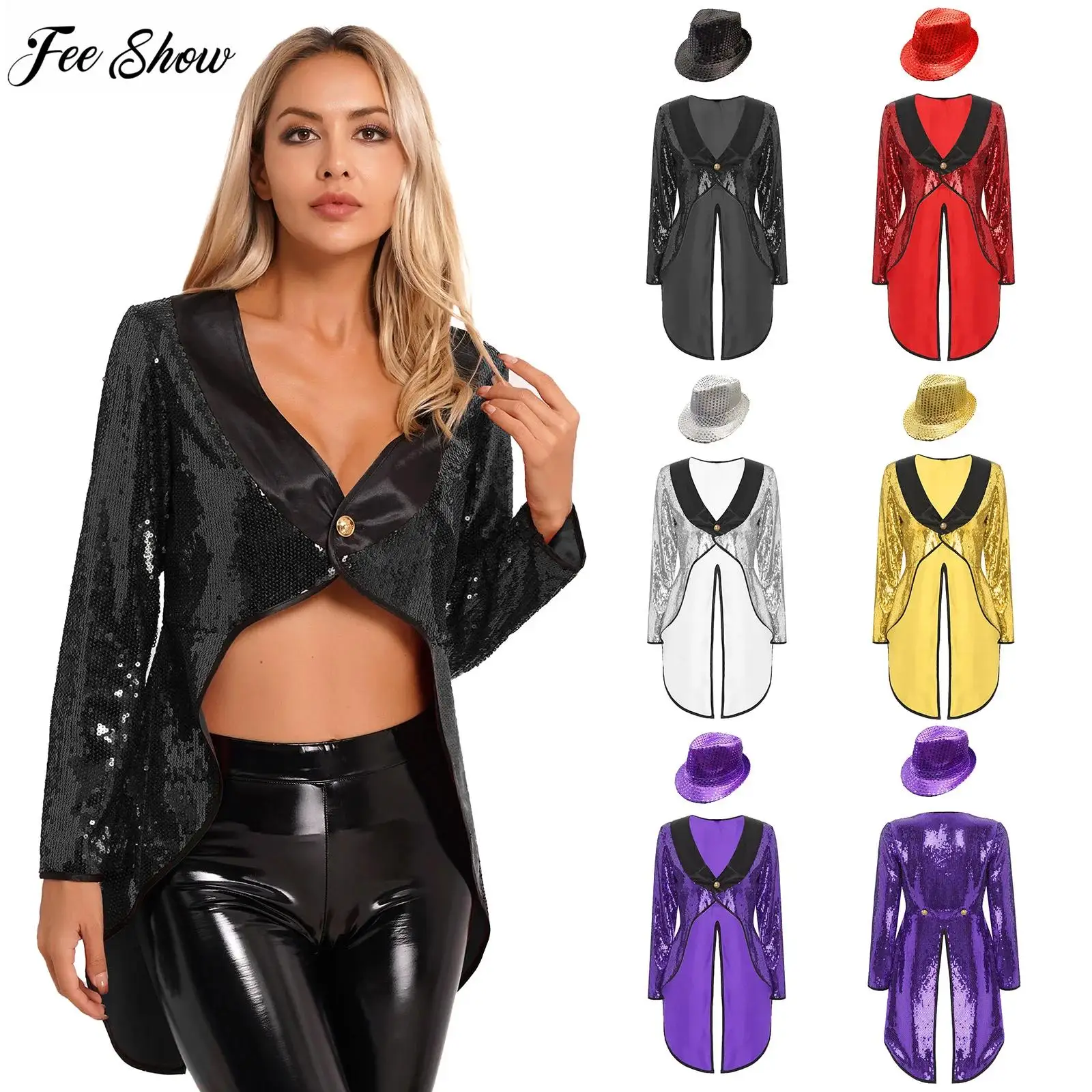 

Womens Magician Cosplay Costume Set Long Sleeve One-Button Patchwork Sequin Tailcoat with Hat for Carnival Party