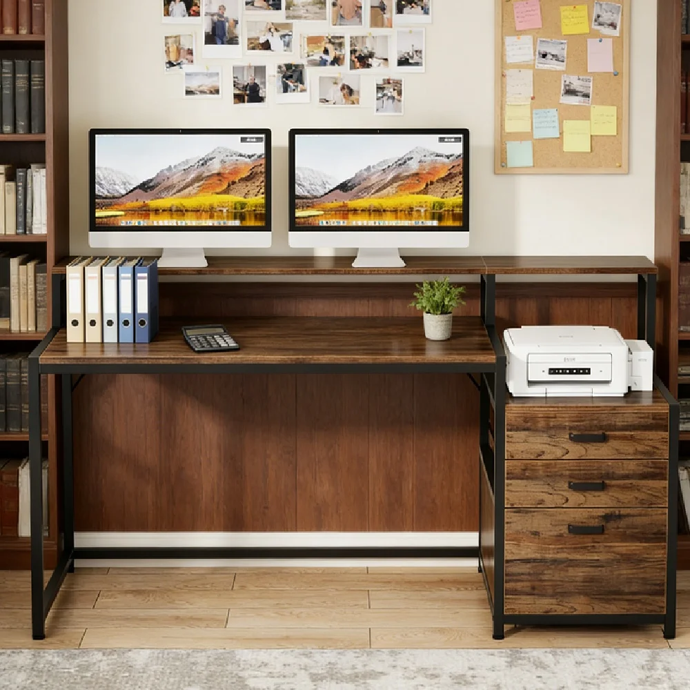 

Компьютерный стол с металлическим каркасом, пятью ящиками и книжной полкой, подходит для учебы и использования в спальне.