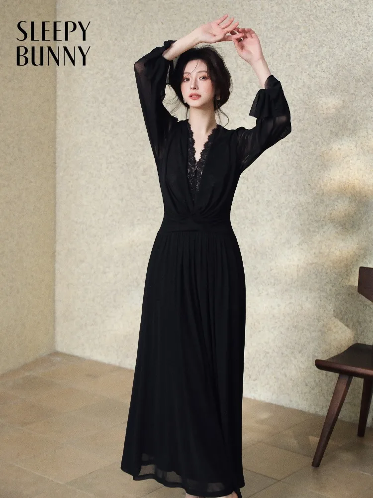 

Women Spring Long Sleeve Maxi Dress V Neck Lace Patchwork Ruched Waist Black Gown Lady Elegant Evening Party Dress Occasions