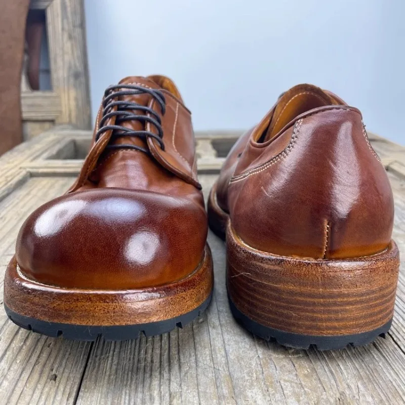 

British Retro Outdoor Work Safety Shoes Premium Men Casual Leather Shoes Cowhide Handmade Large Round Toe Derby Shoes