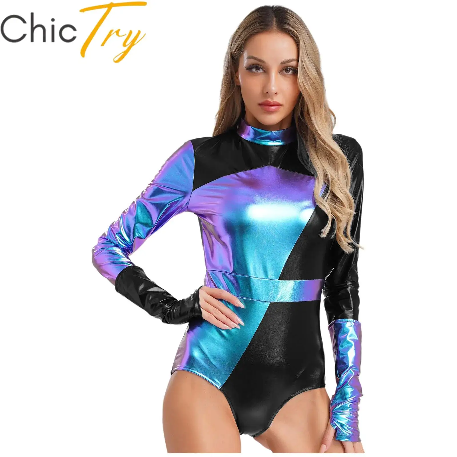 

Womens Ballet Leotard Metallic Bodysuit Stand Collar Long Sleeves Jumpsuit with Arm Sleeves Fashion Gymnastics Party Club Wear