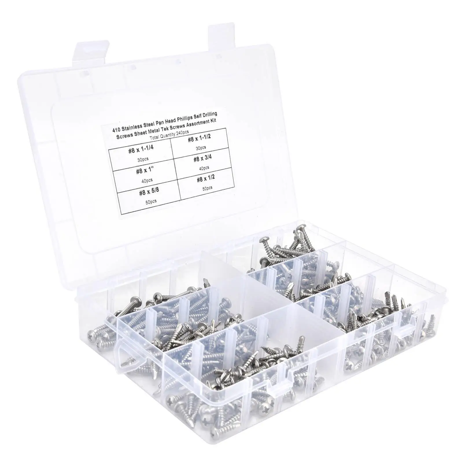 240Pcs Pan Head Self-Drilling Screws Set Stainless Steel #8 Fastener Kit Industial Hardware