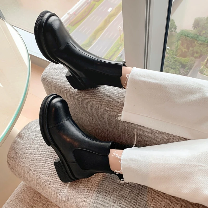 NEW Fall/Winter Shoes Women Split Leather Ankle Boots Round Toe Chunky Shoes for Women Solid Chelsea Boots Leisure Black Boots