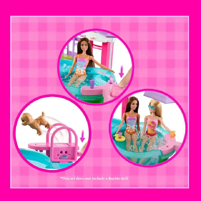 Barbie sonho piscina playset diversão experiência interativa tema de festa na piscina vários acessórios meninas fingir jogar brinquedo presente de aniversário