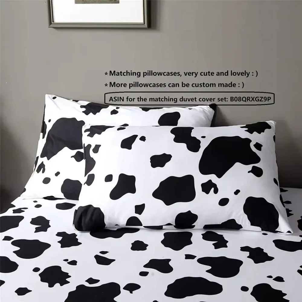4 Pieces White Base Classic Black Cow Spotted Fitted Sheet Set, Simple Cowhide Animal Print Modern Minimalist Bedding