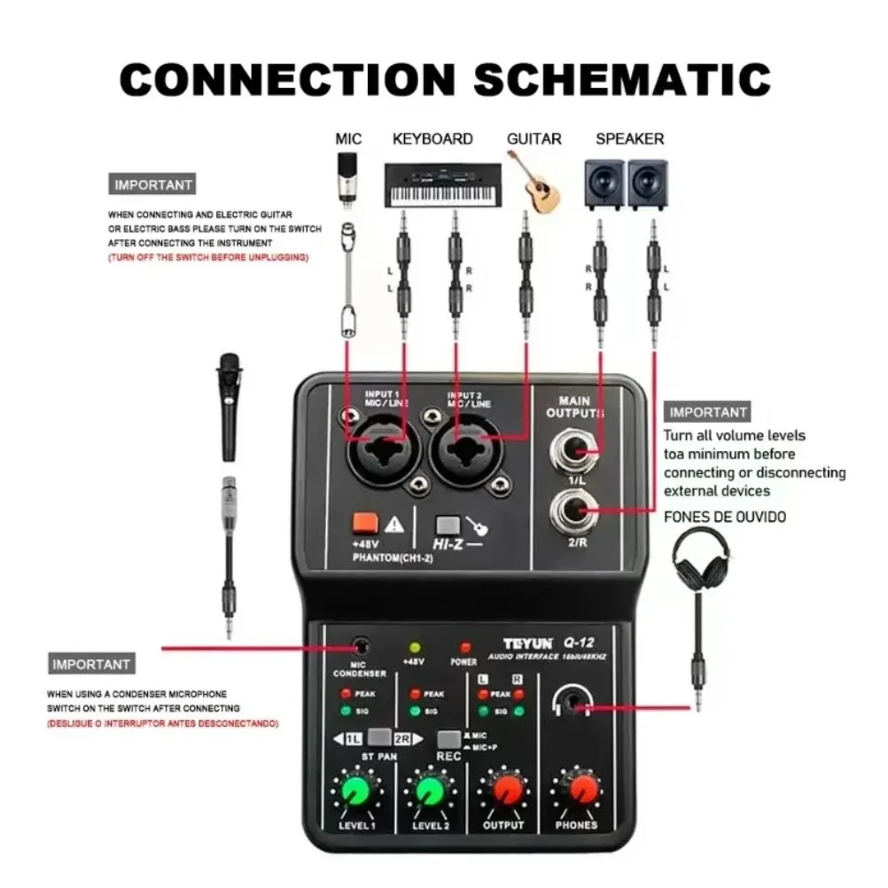 المحمولة 2 قنوات المهنية واجهة الصوت كارت الصوت وحدة التحكم USB صغير خلاط لتسجيل الغيتار استوديو الغناء TEYUN Q12