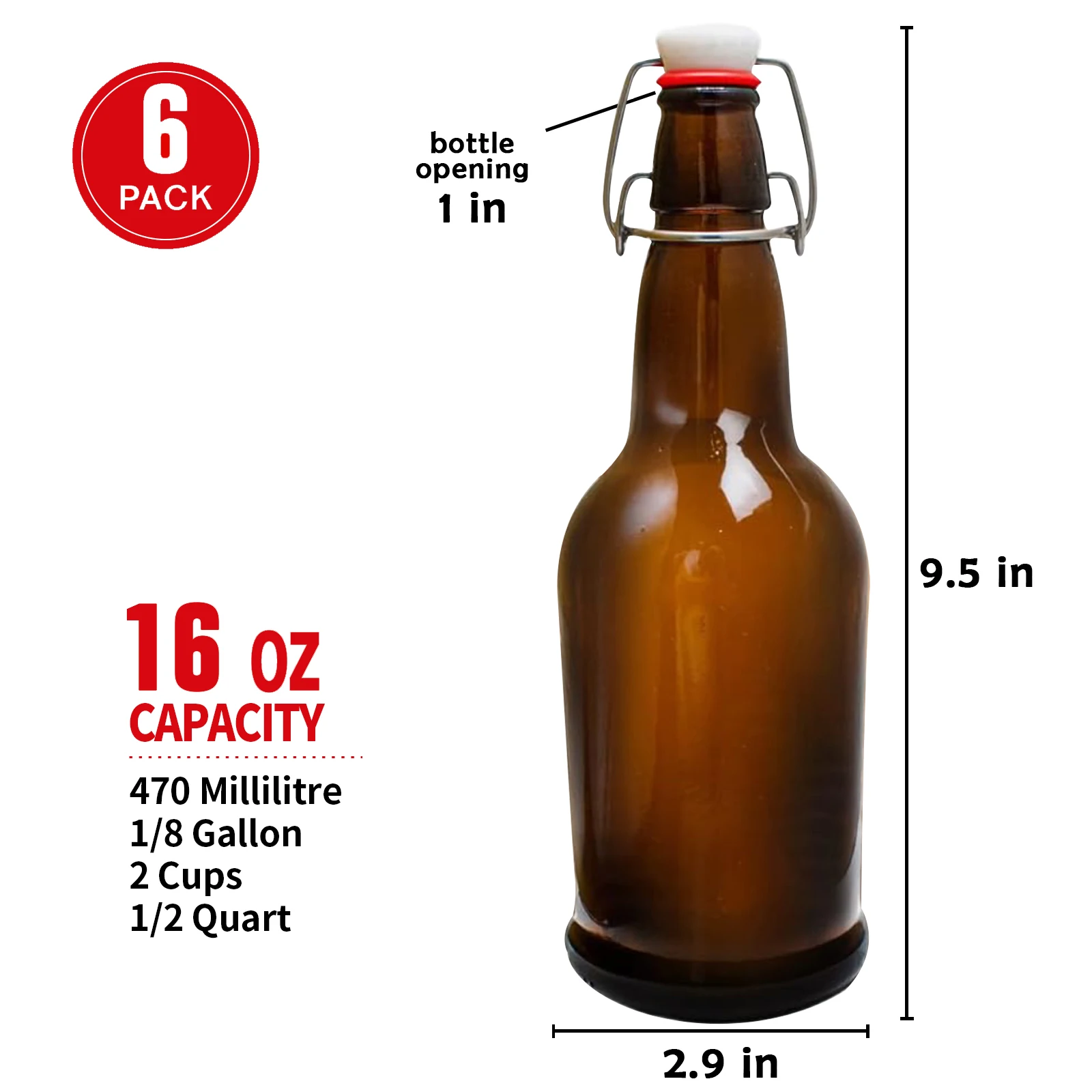 6 Pack Swing Top Glass Bottles 16 Oz Flip Top Amber Glass Bottle with Airtight Lids Glass Beer Bottles for Home Brewing