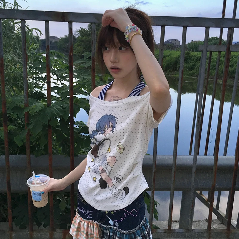 Karrram Japanese Y2k Fake Two-piece Tops 2000s Style Anime Print T-shirt Vintage Harajuku Short Sleeve Crop Top Kawaii Cutecore - view 4