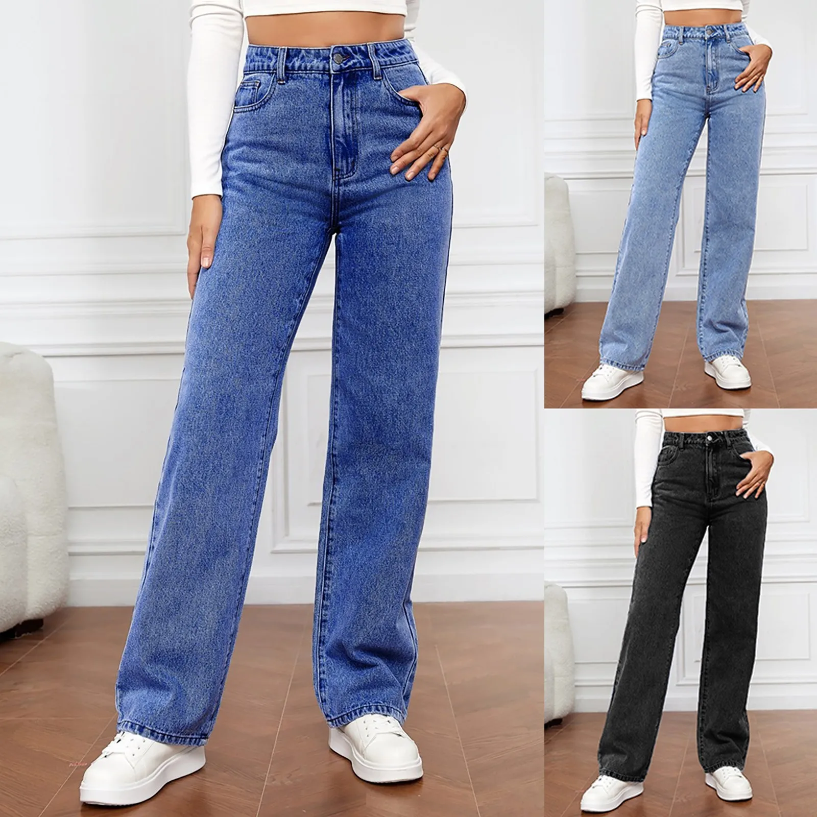 

Women's Fashion Solid Colour High Waist Washed Jeans Casual Loose Button Straight Leg Pants Pockets Polished Waist Trousers