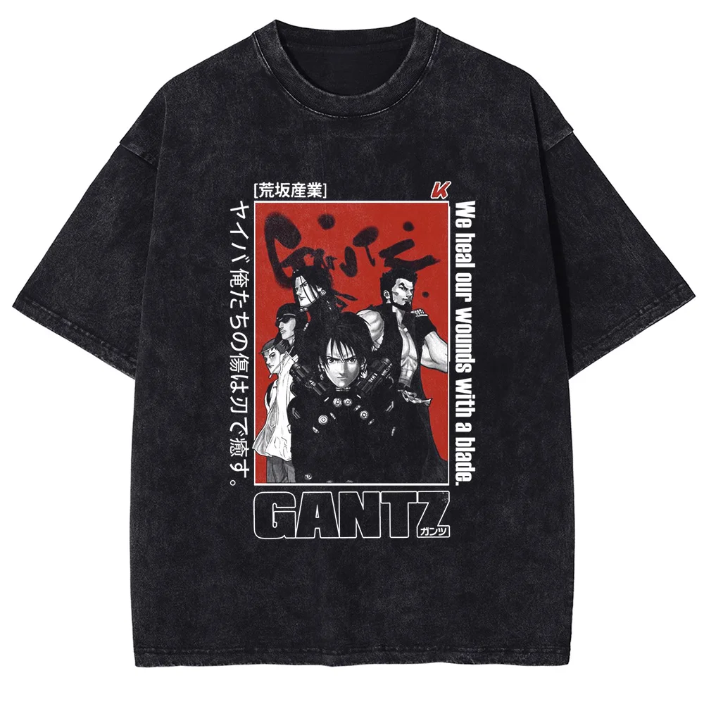 Bestseller Gantz T-Shirt Manga Grafik Vintage Washed Schwarz Unisex Oversized Streetwear Harajuku Anime Baumwoll-T-Shirt Kleidung Oberteile