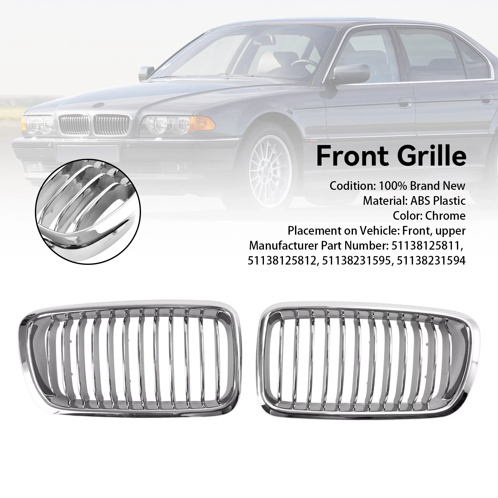 

For BMW 7 Series E38 728 735i 730i 740i 1994-2001 Chrome Silver Car Kidney Grille Front Bumper Grill 51138231593 51138231594