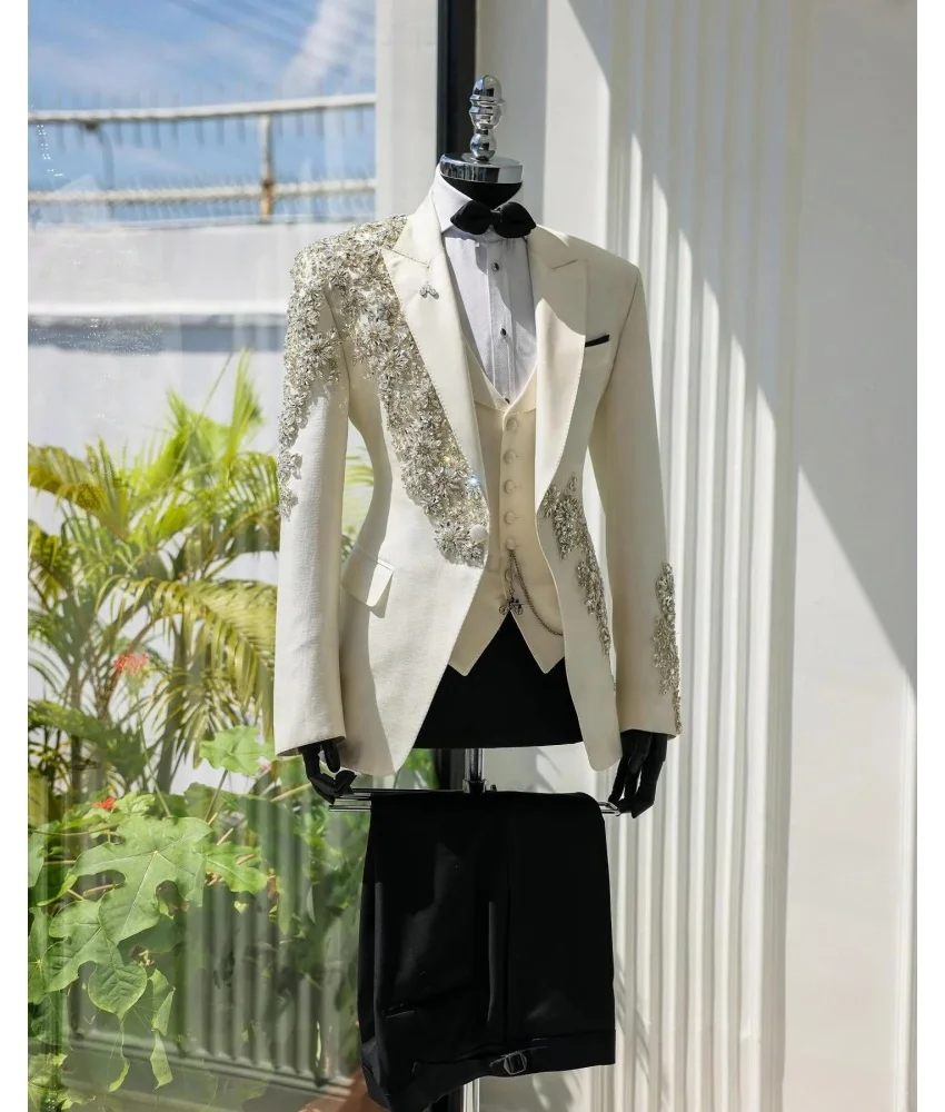 

Luxury Men's Crystal Beaded 3-Piece Suit (Blazer+Vest+Pants ), Premium Tuxedo for Wedding Groom and Red Carpet