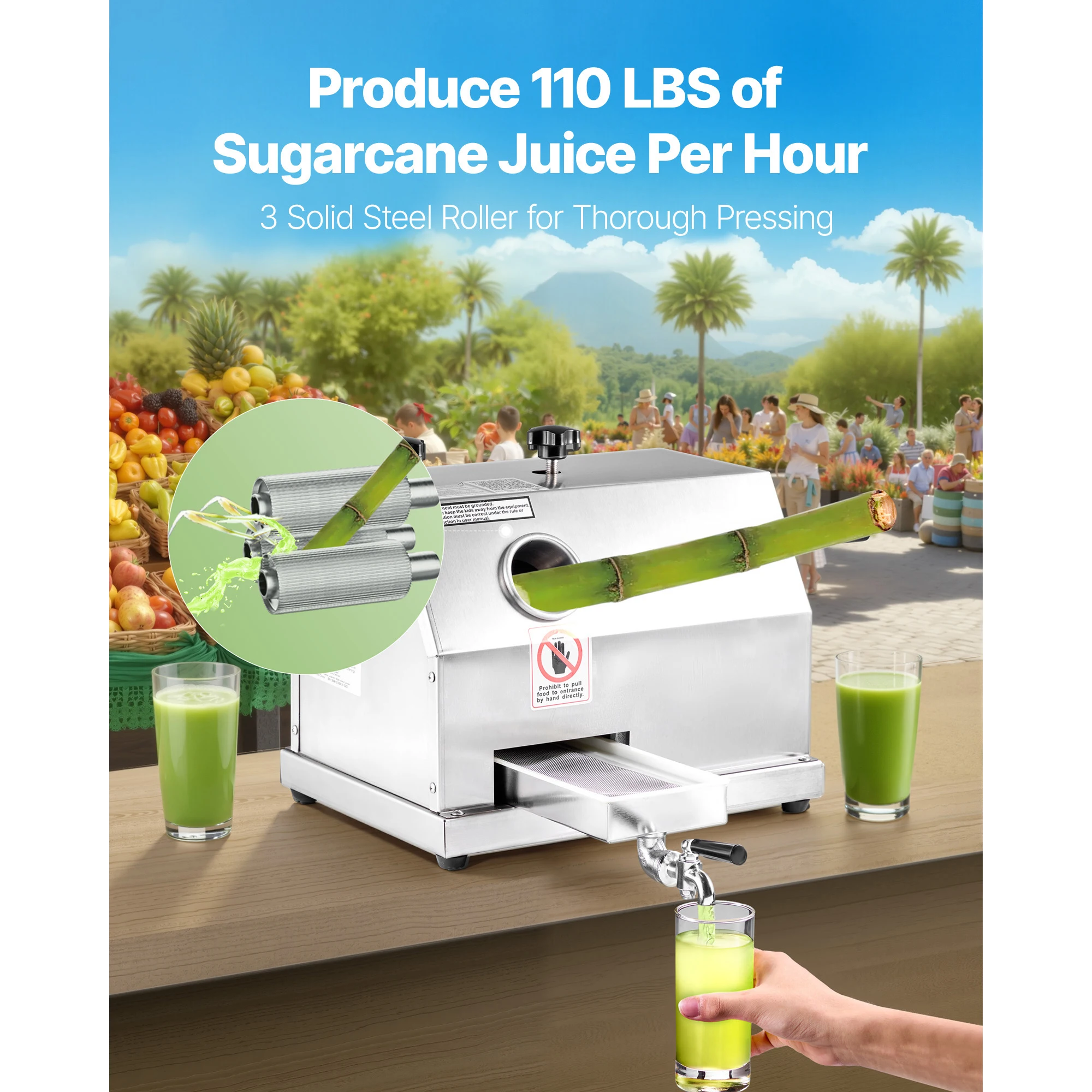 SucceBuy Commercial Sugar Cane Juicer 110LBS/H Output Sugarcane Juicer Machine with 3 Stainless Steel Rollers 2.4