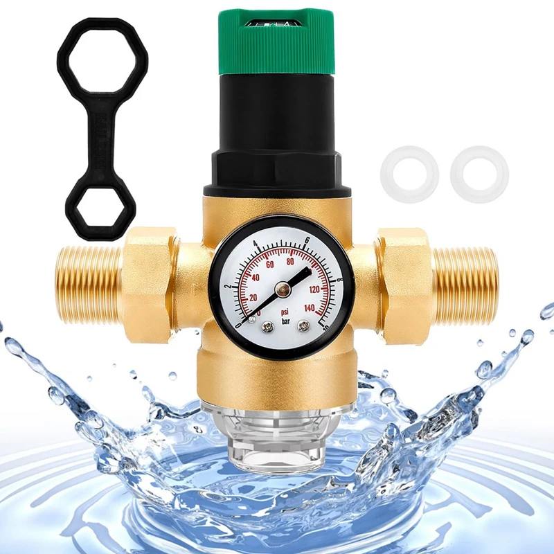 Brass Pressure Regulator 3/4 Inch, DN20 Reducing Valve With Gauge & Filter, Adjustable For Home & Industrial Use