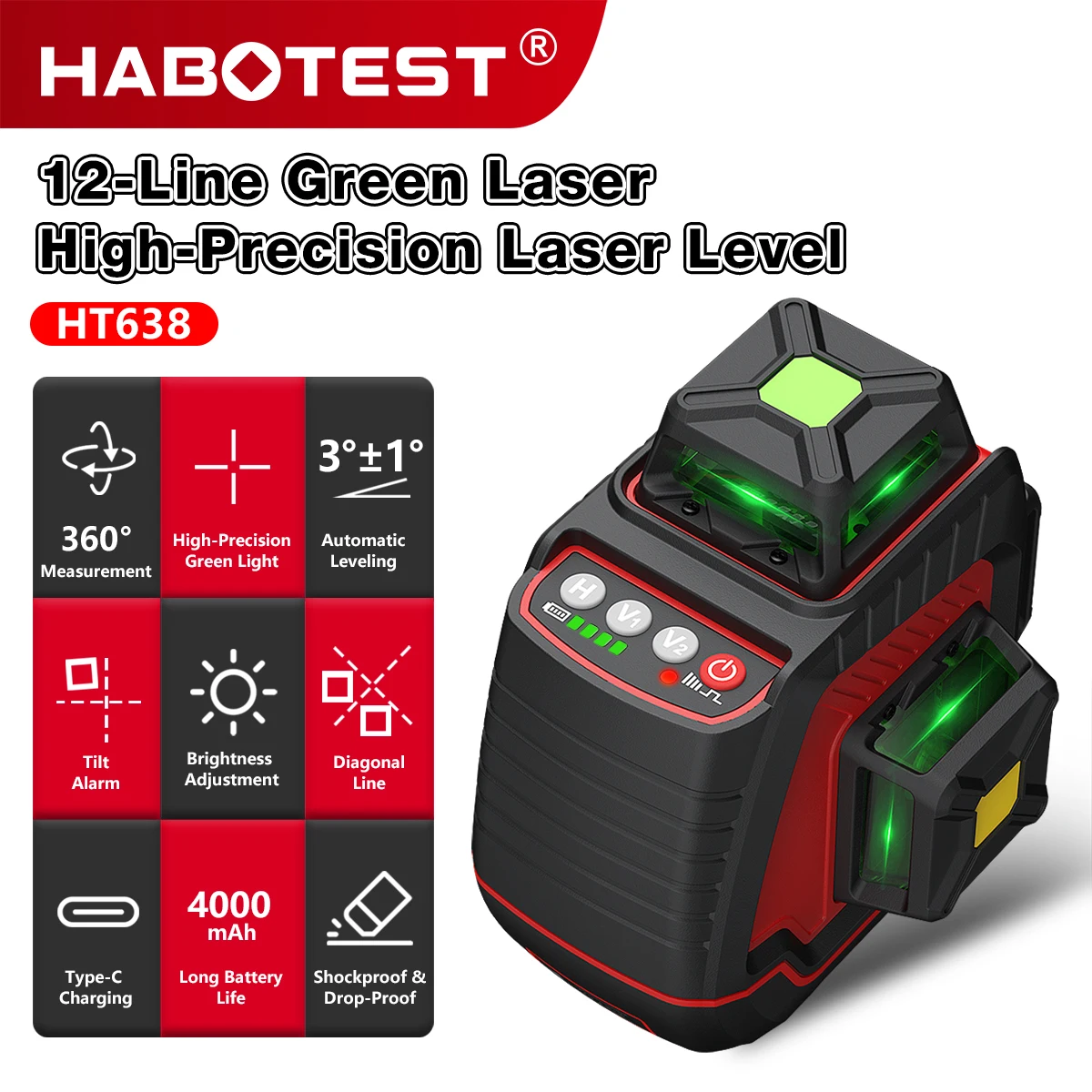 HABOTEST HT638 Green Laser Level 360 Self Leveling 12-Line High-PrecisionSelf-Leveling  4000mAh Type-C Laser Level