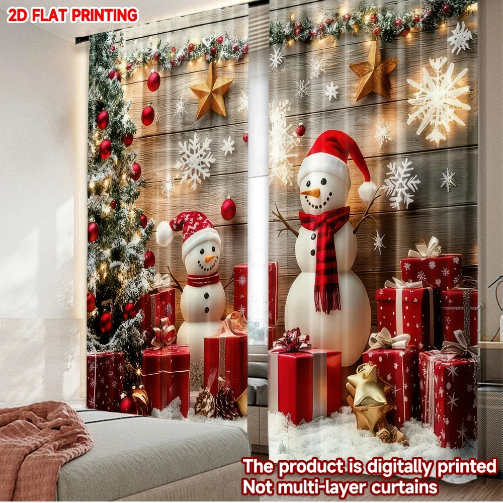 2D-Flachdruck, 2 Stück, Weihnachtsvorhänge, Weihnachtsschneemänner und Geschenke, langlebige Polyesterfaser, Frühlingsverwendung für den Einsatz in der Wand und Hof