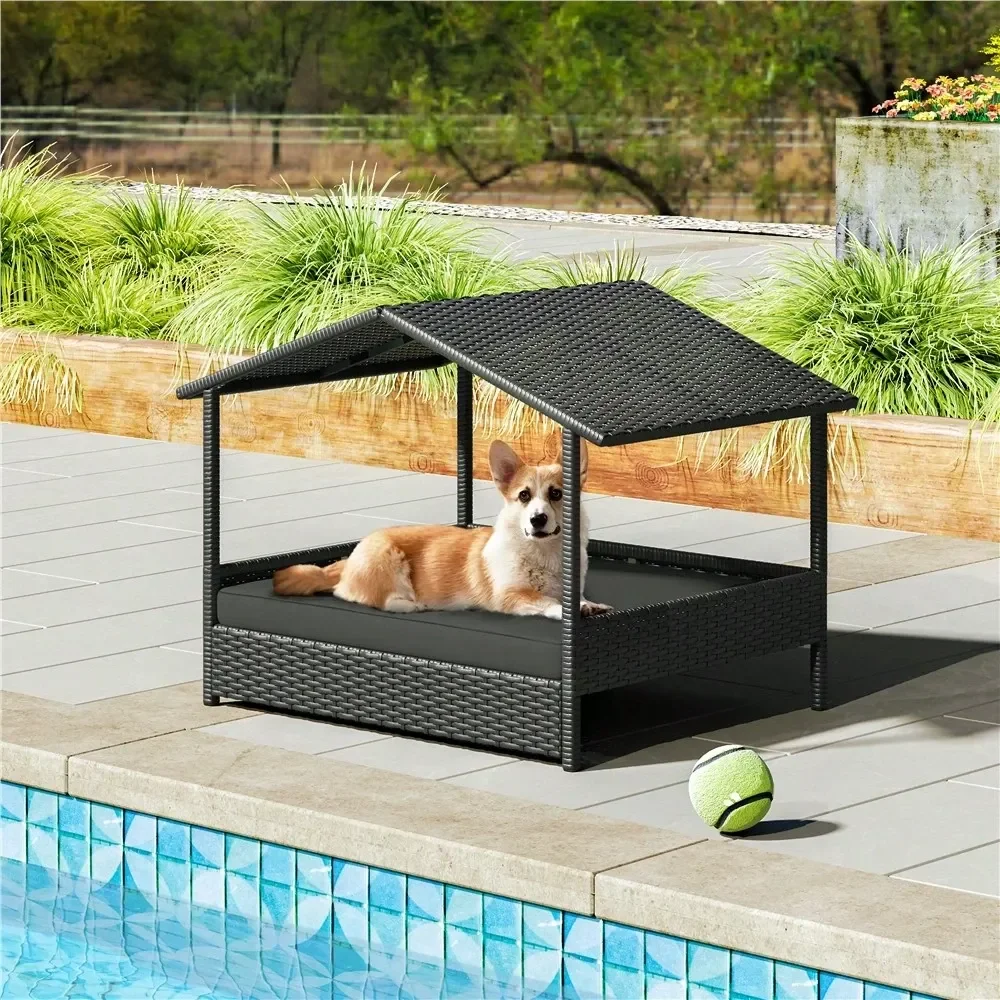 

Dog House Dog Kennel OutdoorRattan Dog House Outdoor Pet House Raised Dog Bed With Foam Cushion Canopy Outdoor Elevated Pet Bed