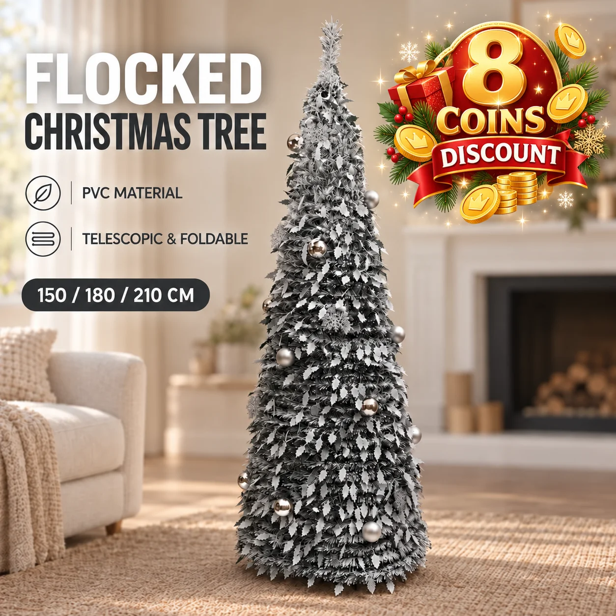 Silver Snowflake PVC Christmas Tree 1.5/1.8/2.1M Pre-Decorated,USB LED String Lights,Foldable Xmas Tree for Indoor Holiday Decor