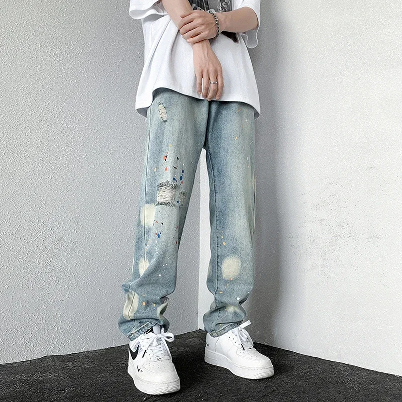 Men\'s Splashing ink Ripped Baggy Jeans 2024 New Hip Hop Fashion Graffiti Holed Straight-leg Denim Pants Y2k Streetwear Jean