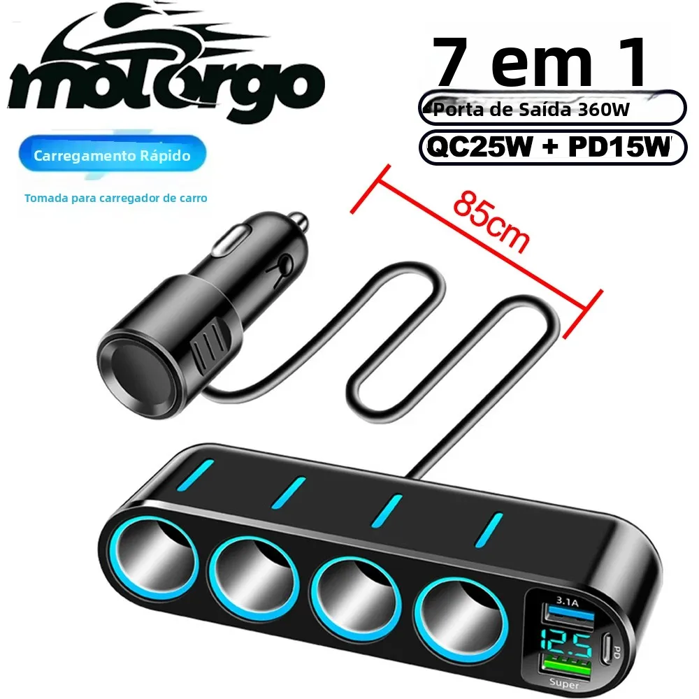 Adaptador de Energia 7 em 1 USB Tipo C para Carro, Divisor de Tomada de Isqueiro com 4 Saídas, Carregador Rápido para DVR Automotivo, GPS e Câmera Veicular 12V 24V