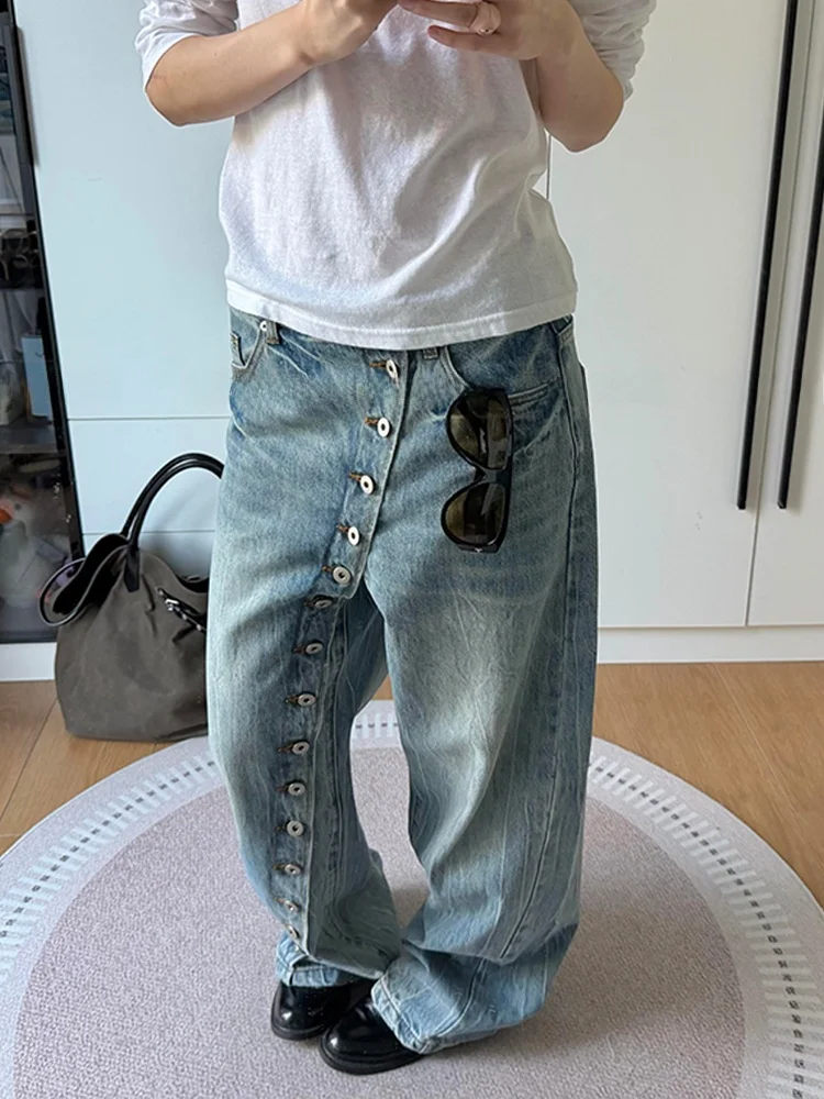 

Retro Washed American High Street Design Button Denim Jeans Women's Spicy Girl Vintage Faded Floor-Length Pants Asymmetrical ...