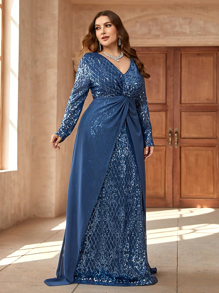 TOLEEN-Vestido de noite formal feminino de manga comprida, vestidos luxuosos e elegantes xadrez com lantejoulas, plus size, festa, baile, novo, 2024