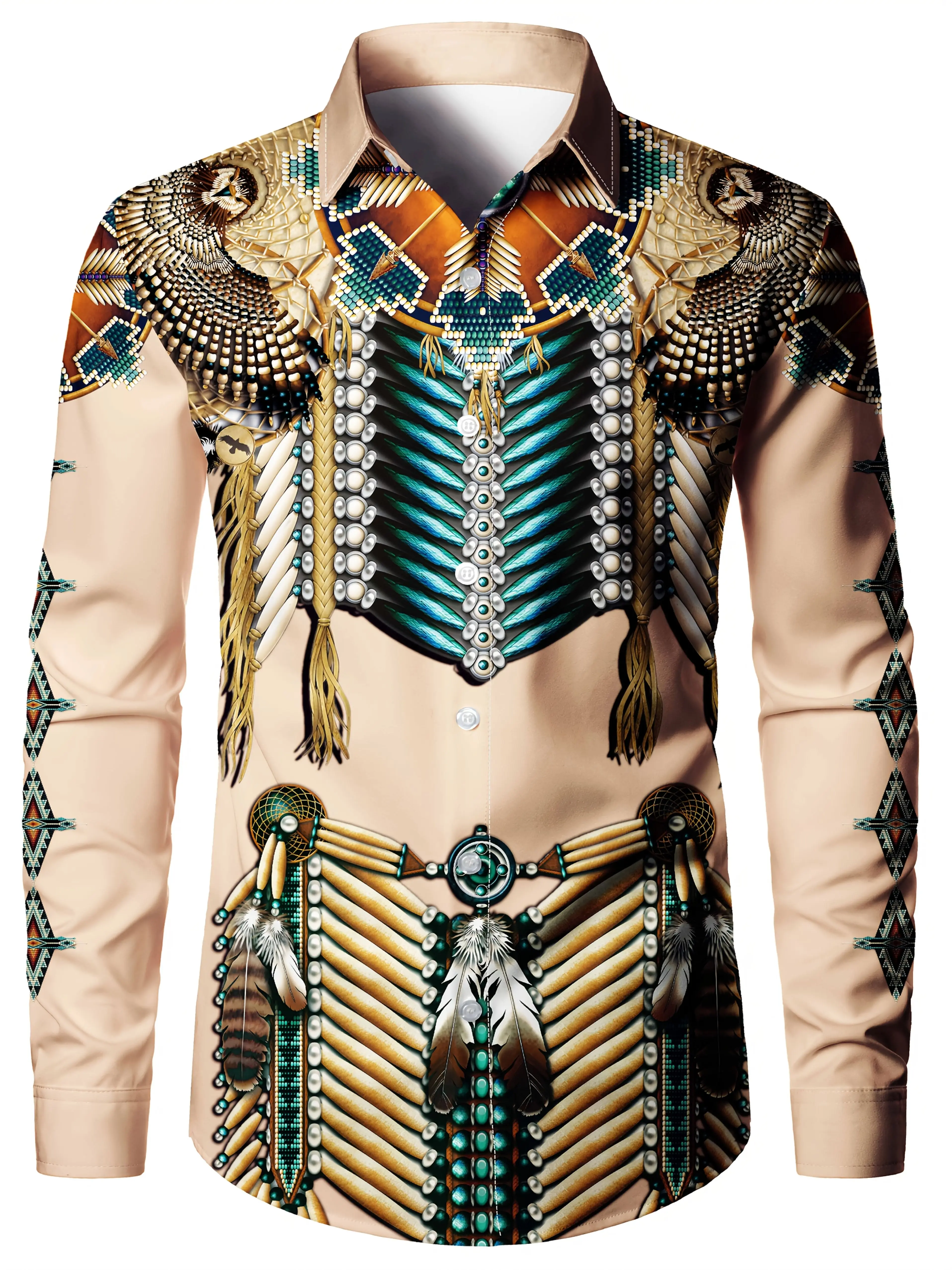 

Men's Western Style Ethnic Print Long Sleeve Shirt - Black with White Swirling Patterns, Pointed Collar & Button Front, All-
