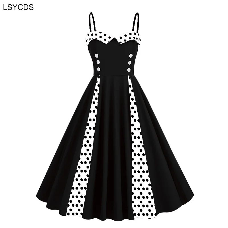 LSYCDS Sweetheart Neck Spaghetti Strap Double Breasted Long Women Dress 50s Pinup Vintage Polka Dot Ladies Party Sexy Dresses