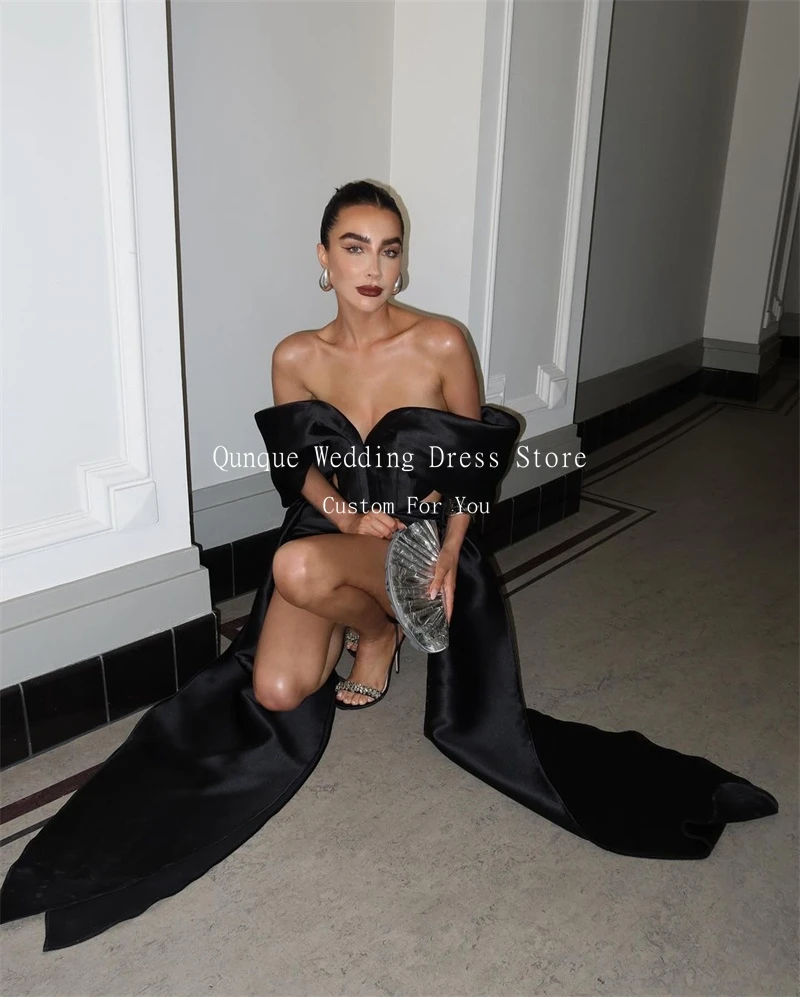 Qunque Short Black Satin Evening Dresses Mini Length Pleated Formal Occasion Prom Dress for Women Vestidos De Festa Customized