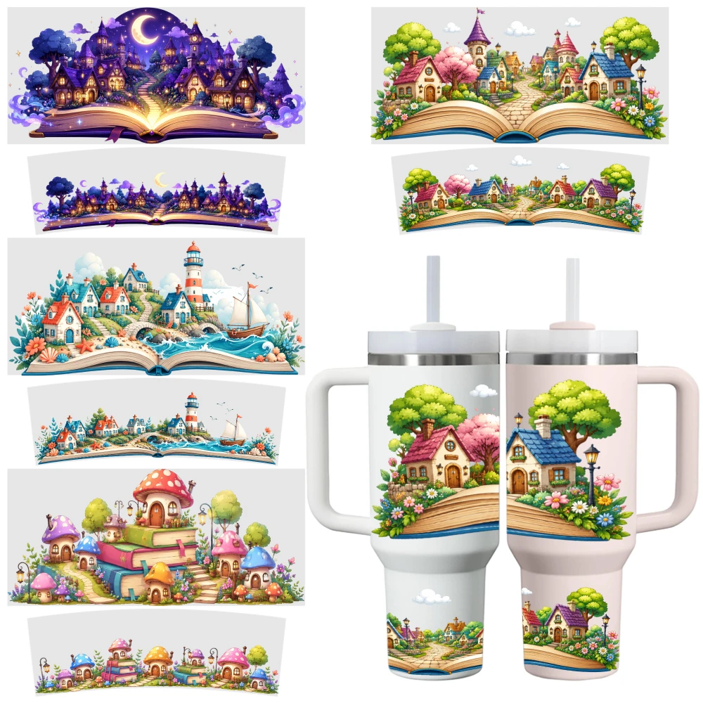 4 Sheets Fantasy Village Landscape Magic Book Castle Garden House Tree Flower Moon Star Night Day Sunlight Water Bridge Boat