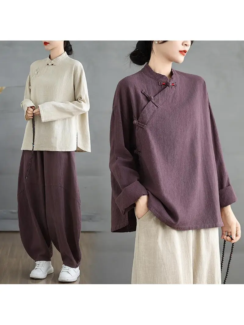 Women's Cotton Linen Zen Robe New Chinese Style Side Button Long Sleeve Top Monk's Clothing Meditation Uniform Traditional Ch...