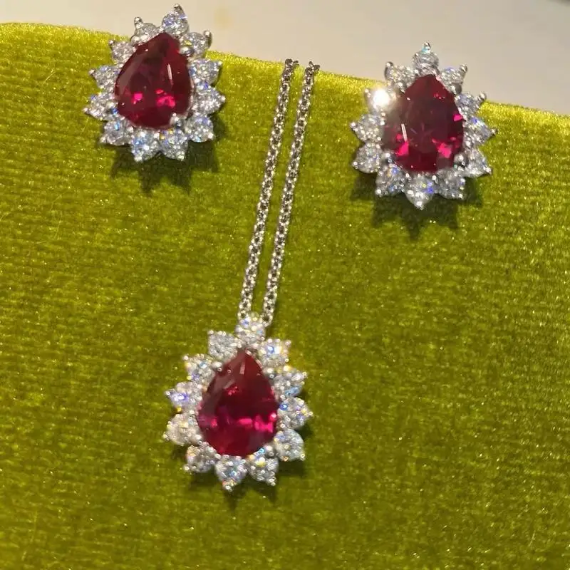 925 sterling silver red dove blood gemstone necklace, women's light luxury high-end feeling earrings, fashionable party set