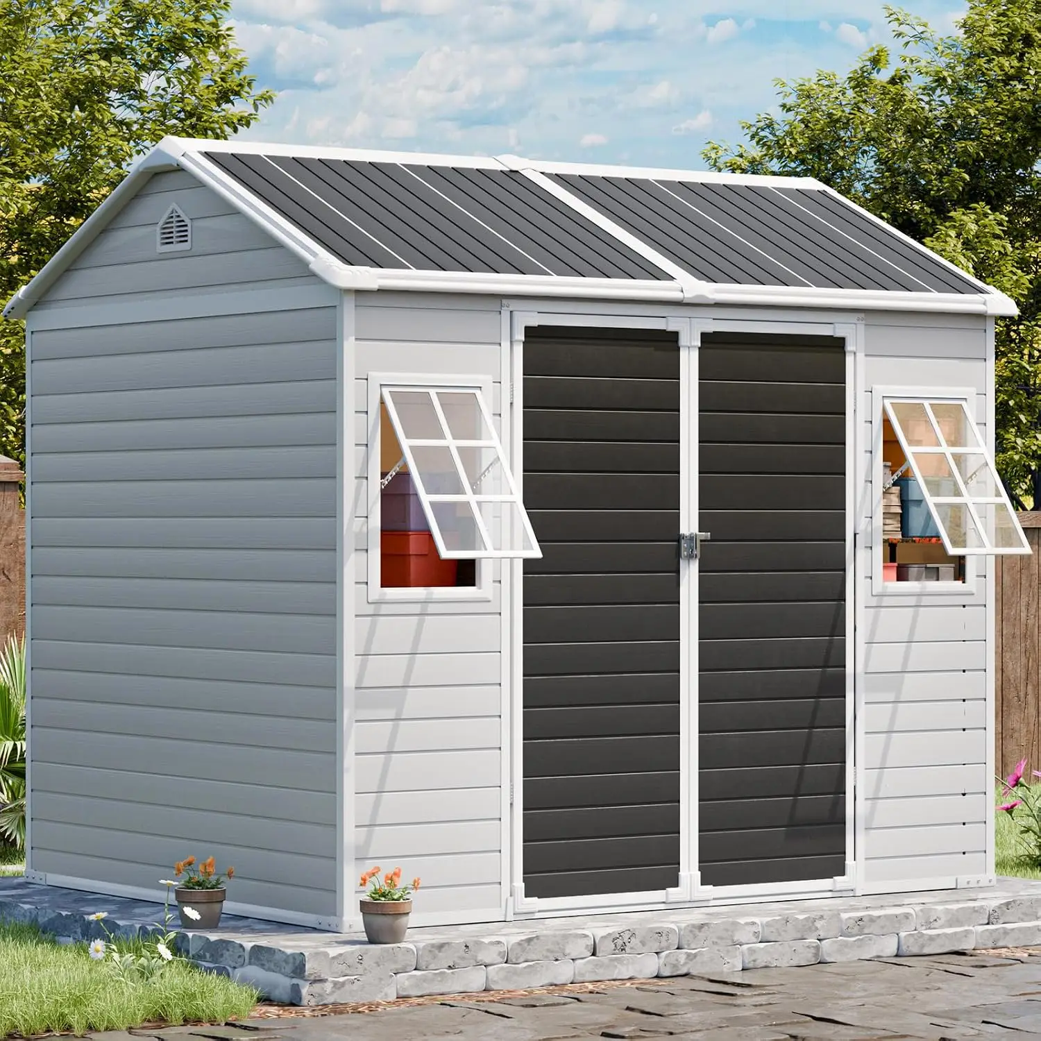Resin Storage Shed w/Floor & Openable Windows, Outdoor Garden Tool House 8x6 FT, Customized - view 2