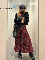 French Retro Red Plaid A-Line Long Skirt for Women High Waist Straight Mid-Length Split Pleated Skirts Streetwear Y2k Spring