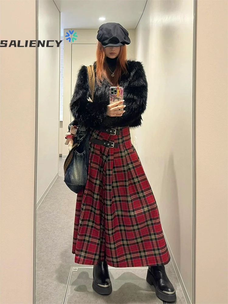 French Retro Red Plaid A-Line  Long Skirt for Women High Waist Straight Mid-Length Split Pleated Skirts Streetwear Y2k Spring