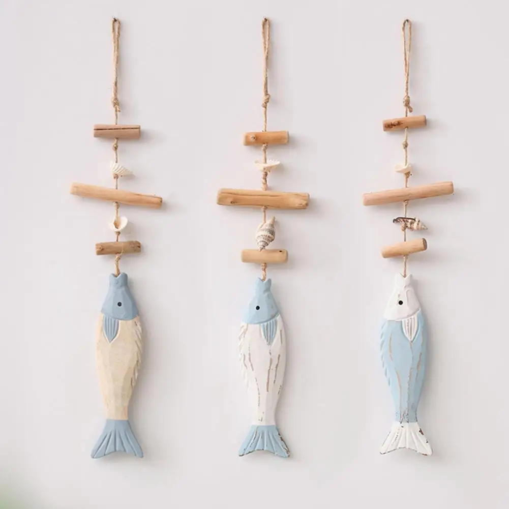 

Colorful Fish Decoration Easy to Hang Boho Style No Drilling Handmade Solid Wood Coastal Style Wall Ornament