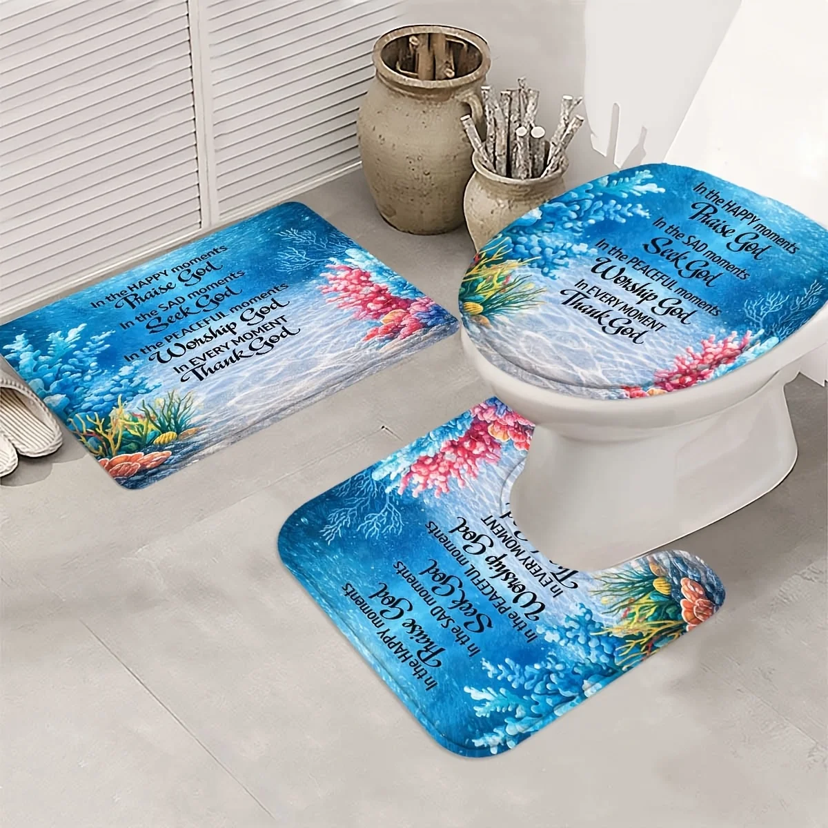 3 Pieces Christian Ocean Coral Quote Bathroom Rugs Set, Underwater Blue Ocean Coral Seaweed Religious Faith Text Pattern Non‑Slip Bath Mat U‑Shaped Rug Toilet Seat Cover, Spiritual Faith Home Bathroom Decor Gift