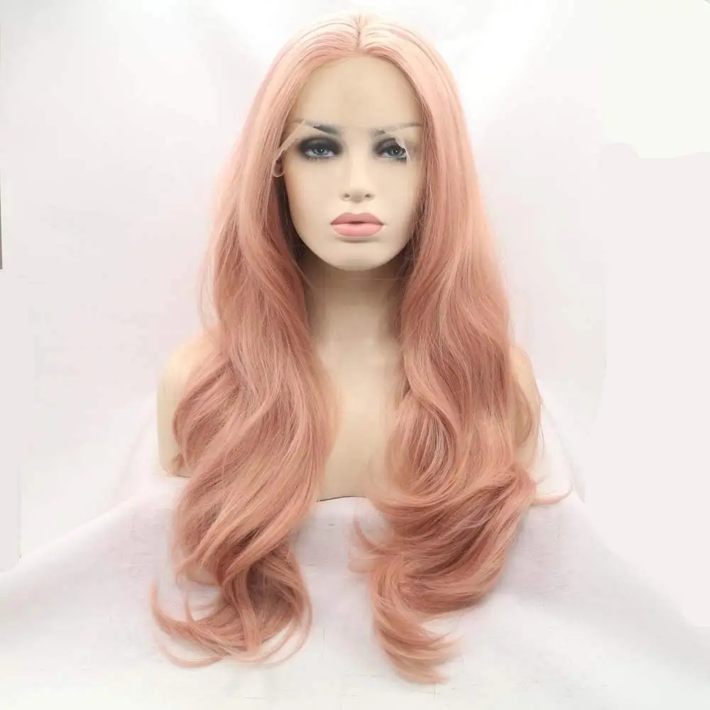 Rose Pink Synthetic Lace Front Wig for Women Long Wavy Heat Resistant Hair Middle Part 24 Inch Synthetic Wig