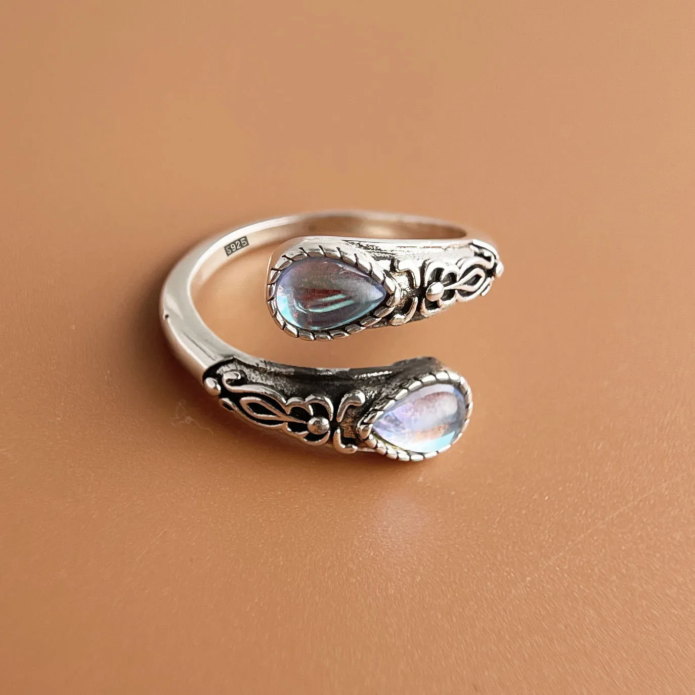 925 Sterling Silver Rings For Women Geometric Fine Jewelry Finger Adjustable Vintage BLue Stone Ring For Party Birthday Gift image 2