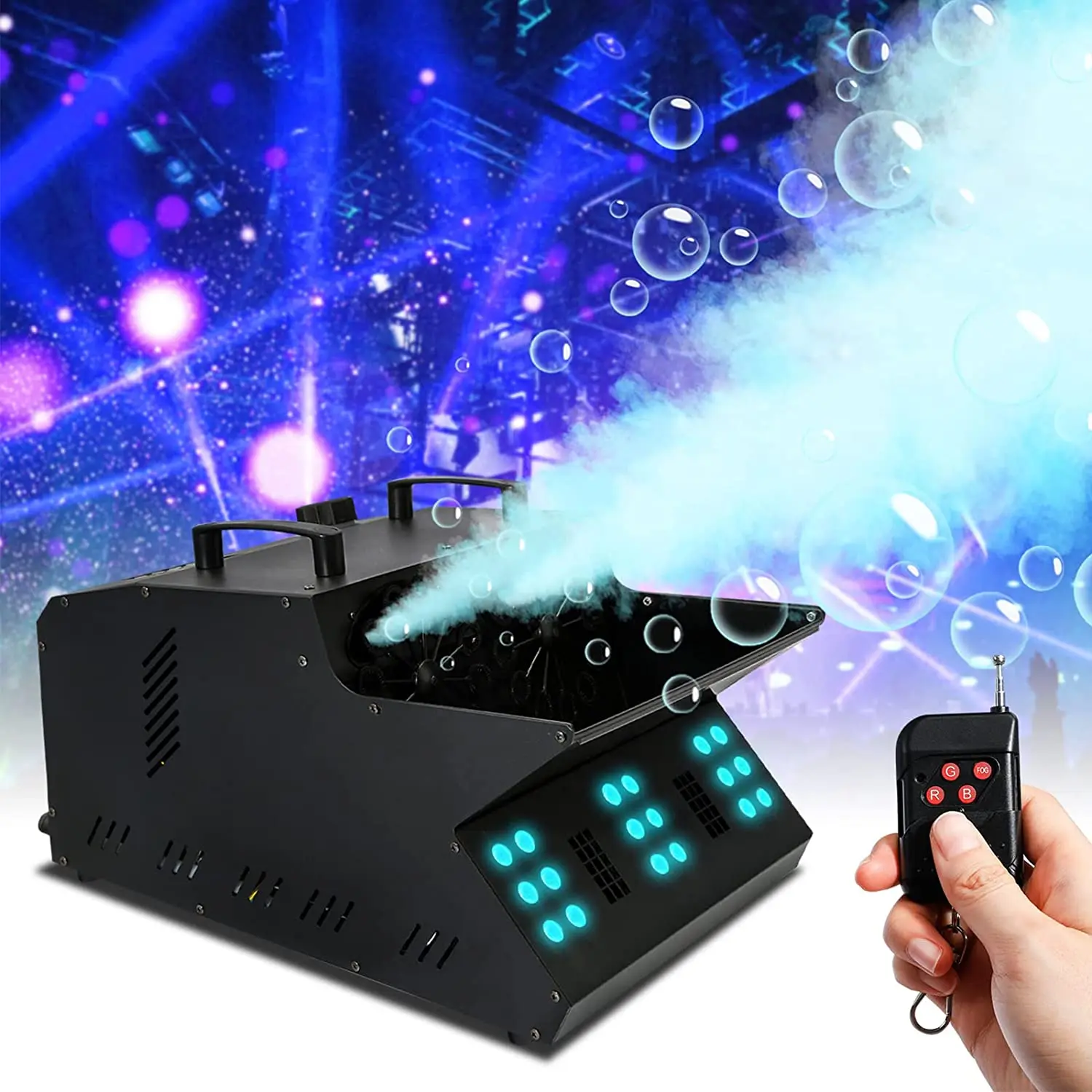 

3000W Stage Fog Bubble Machine with 18 RGB LED light DMX Stage Lighting Fogger Effect w/2 Bubble Fans,3IN1 Stage Effects Machine