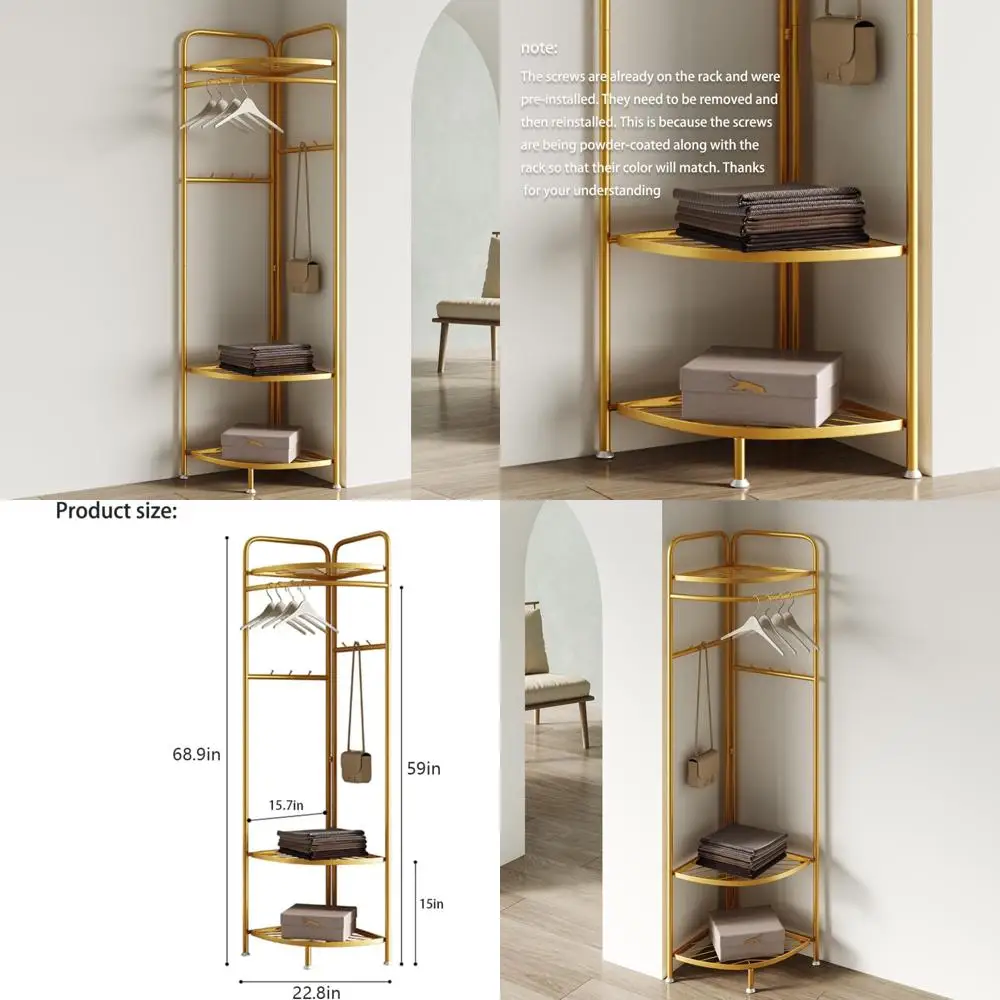 

6-Hook Corner Hall Tree with Storage Shelf - Gold Metal Freestanding Garment Rack for Stylish Clothing Organization