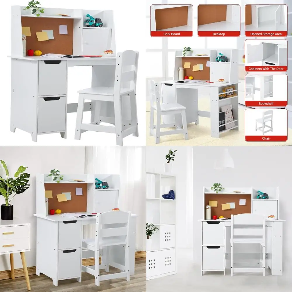 

Kids Study Desk and Chair Set with Storage - White Learning Table with Bookshelf and Cabinets for Boys and Girls Ages 3-8