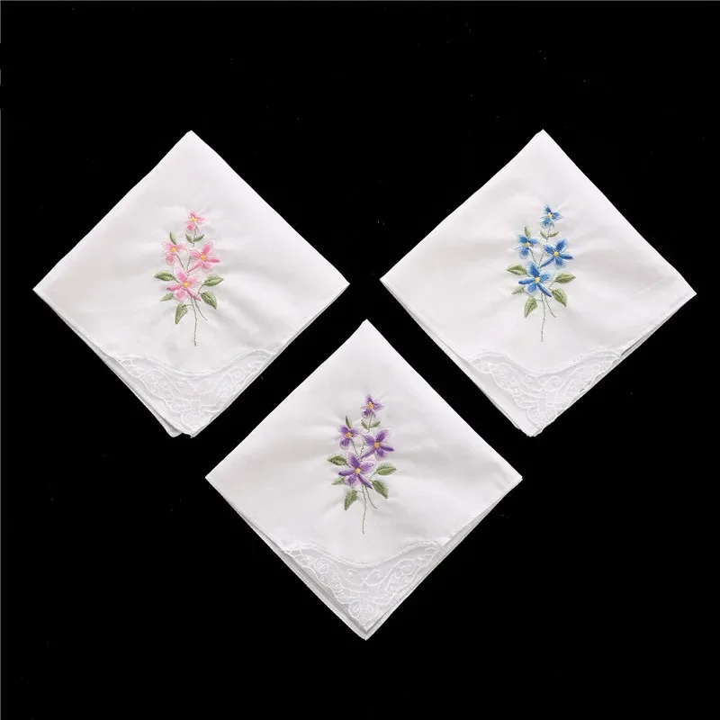 

3Pcs 28x28cm 100% Cotton White Color Women Handkerchiefs Butterfly Lace Flower Embroidered Cocktail Napkins Wedding Party Gift