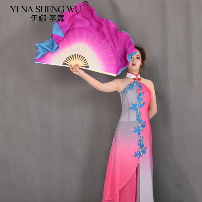 Double Sided Women Belly Dance Silk Veil Pairs Adults Real Silk Fan Veil Bamboo Long Fan Hand Dye Blue Pink Flowy Dancer Props