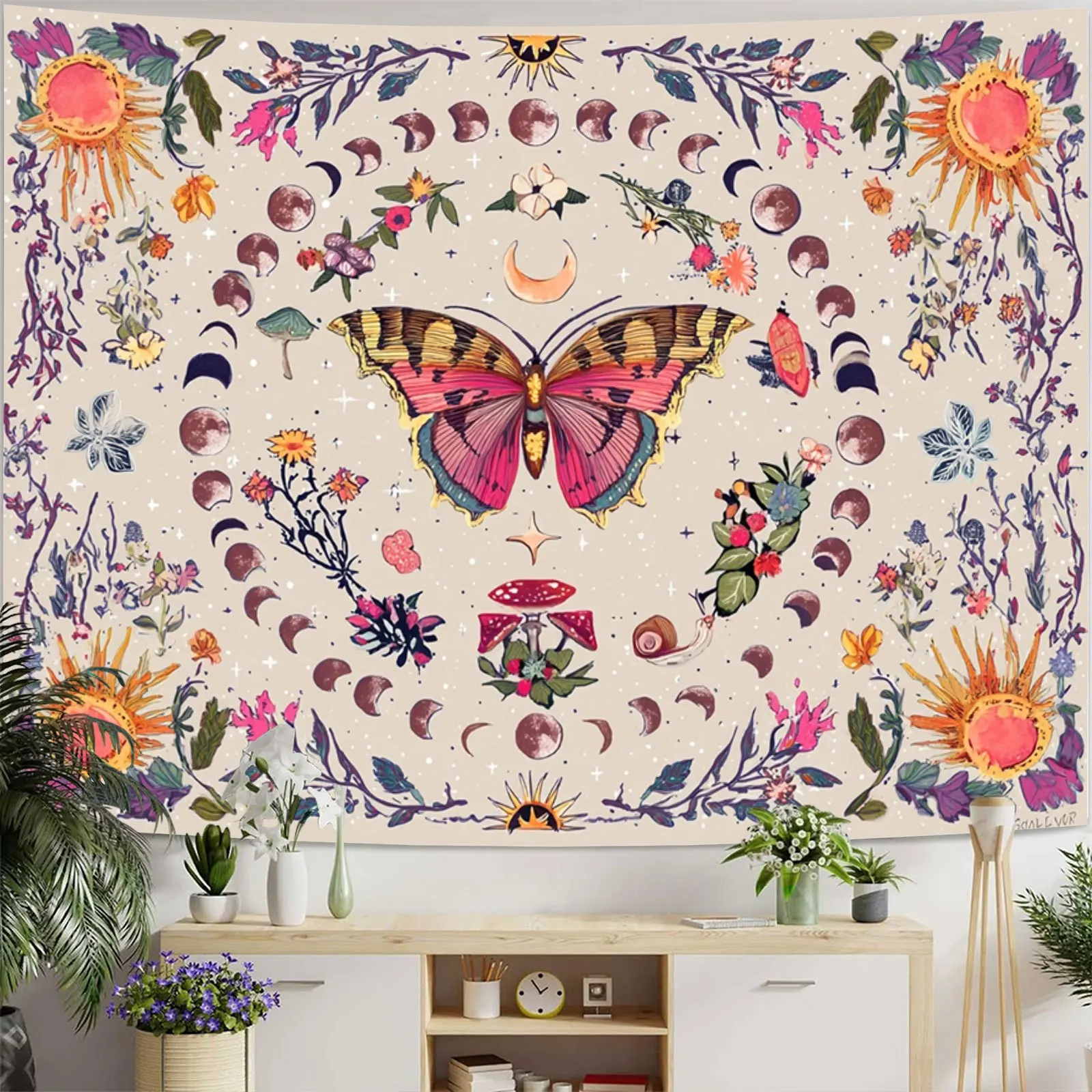 Boho Butterfly Moon Phase Tapestry, Mystical Floral Wall Hanging for Bedroom Dorm Decor, Witchy Aesthetic Gift