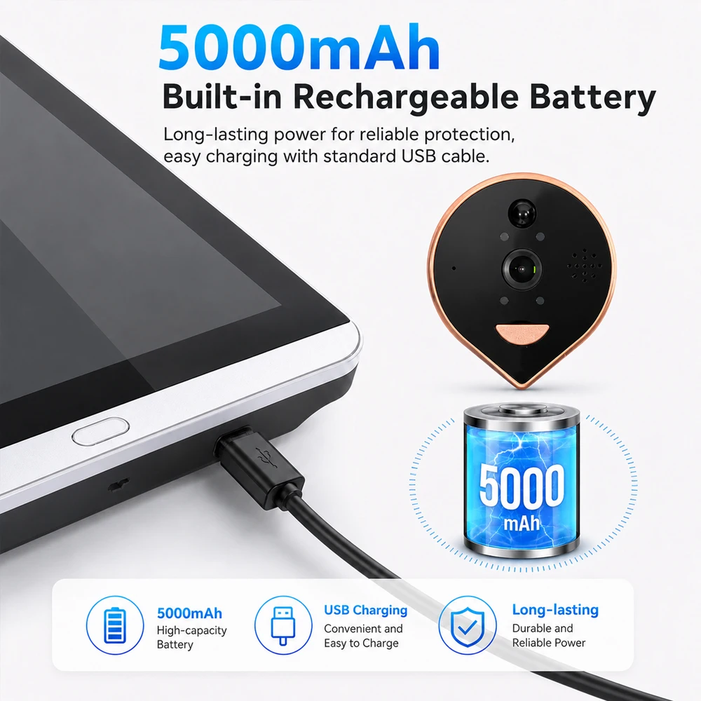 5MP Tuya Smart Peephole Camera 4.3 Inch Display 5000mAh Long Life Battery WiFi PIR Detection Night Vision Apartment Door Monitor